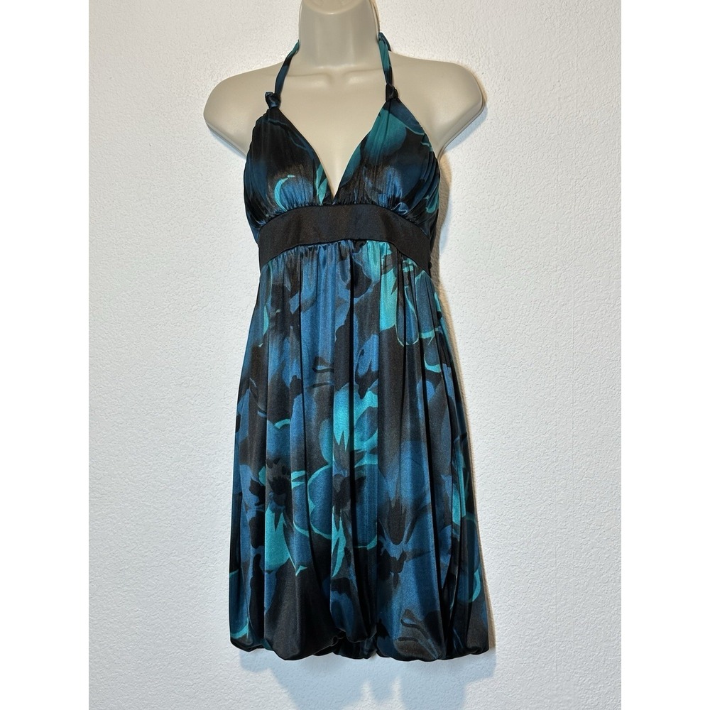 Vtg Y2K City Triangles Black Blue Shiny Satin  Dress Babydoll Whimsigoth Fairy M